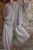 Sundaze Cheesecloth Chalk Stripe Boyfriend Shirt Mocha & White